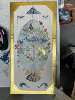 Chinoiserie à la colle de peau de lapin sur cadre préparé à la dorure